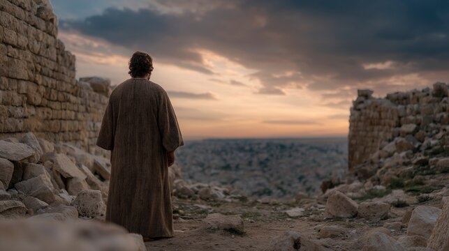 Biblical story, Nehemiah faces Jerusalem&rsquo;s shattered walls at dusk, where ruin and ashes stir a resolute vision to rebuild, turning sorrow into determined hope for restoration.
