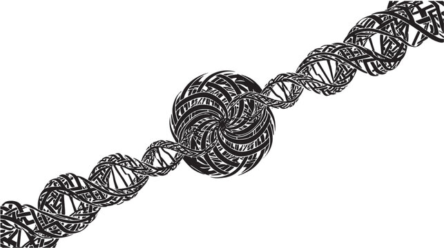 Double helix structures spiral outward from a central complex knot in this scientific black and white illustration.