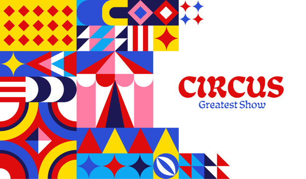 Circus show flyer with geometric pattern. Vector retro modern grid background, featuring striped big top tent, abstract shapes and carnival party motifs, blocks ornament, family show event promotion