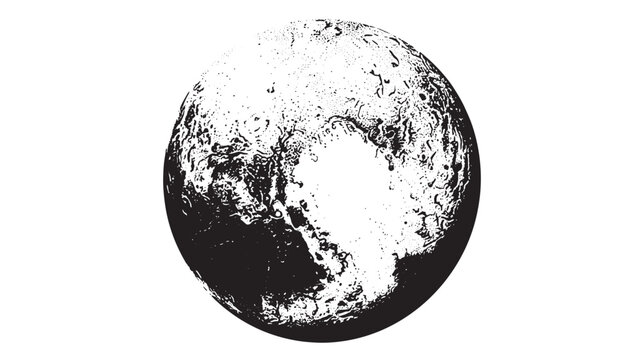 Planet Pluto appears as a textured celestial body with high contrast black and white surface details.