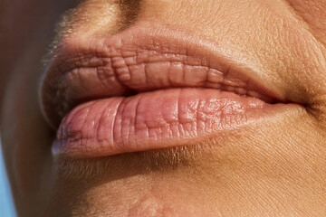 Naklejka premium Extreme close up macro shot of human lips with visible texture and natural coloring showing fine lines and subtle moisture conveying intimacy and sensuality in a softly lit