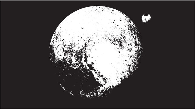 Planet Pluto orbits through the dark vacuum of space with its moon Charon visible in the distant background.