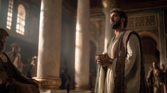 Biblical story, Nehemiah stands before King Artaxerxes in Susa, his humble service with the cup masking a bold request, as royal splendor contrasts with a hidden burden to restore Jerusalem.
