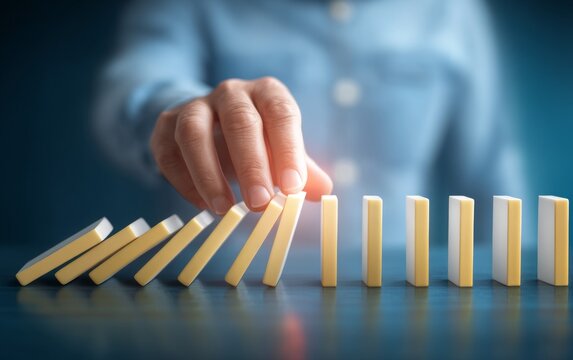 Hand Placing Domino Tile into Long Winding Pattern on Blue Background