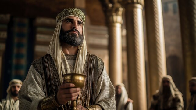 Biblical story, Nehemiah stands before King Artaxerxes in Susa, his humble service with the cup masking a bold request, as royal splendor contrasts with a hidden burden to restore Jerusalem.
