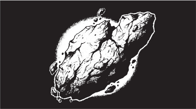 Asteroid floating in deep space displays a textured rocky surface and small fragments trailing behind it.