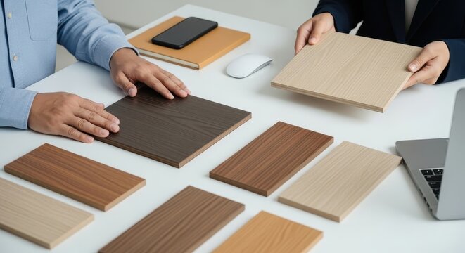 Architects selecting wood laminate samples for interior project on white table