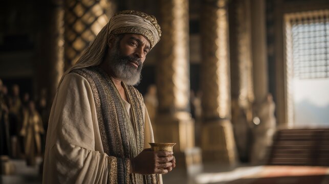 Biblical story, Nehemiah stands before King Artaxerxes in Susa, his humble service with the cup masking a bold request, as royal splendor contrasts with a hidden burden to restore Jerusalem.

