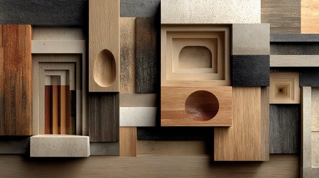 Abstract wooden slats with varying depths, modern architecture texture, contemporary interior design, geometric forms, stylish patterns, innovative 
