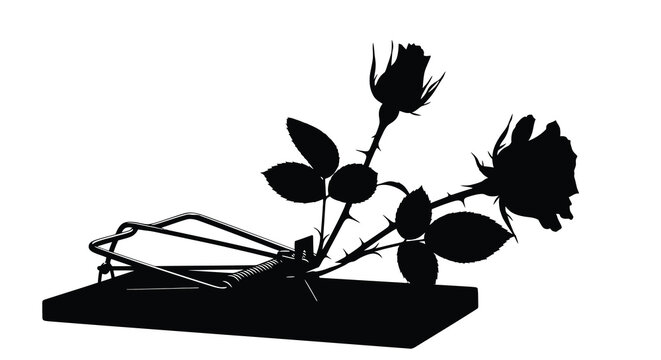 Black silhouette of a mousetrap with roses and thorns on a white background silhouette high quality professional detailed modern elegant stylish clean crisp