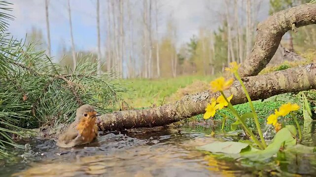 Red robin Erithacus rubecula - close-up of birds in the forest