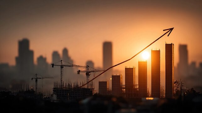 Acceleration of construction pace depicted with rising chart near buildings and tower cranes, illustrating increasing profits, urban growth, and architectural industry financial trends
