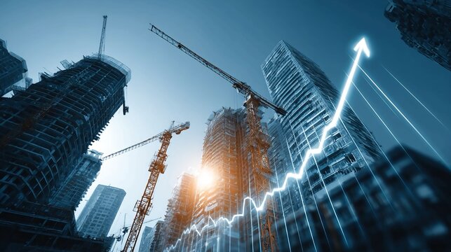 Acceleration of construction pace depicted with rising chart near buildings and tower cranes, illustrating increasing profits, urban growth, and architectural industry financial trends