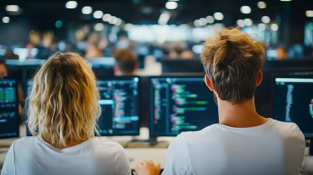 Tech Wizards: Two focused individuals intently analyze complex code on computer monitors, immersed in the digital realm of technology. 