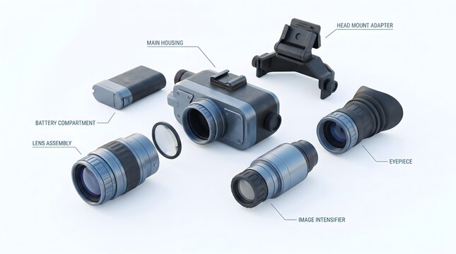 disassembled camera with lenses and accessories on white background
