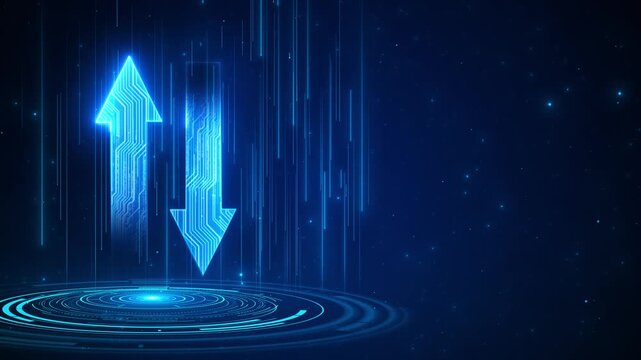 Blue upload download arrows background glowing circuit shapes, vertical light streaks, circular HUD platform, copy space. data transfer videos, cloud sync promos, software intros, technology overlays.