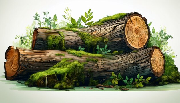 cut large tree logs or stump covered in green foliage and moss isolated on white background deforestation generative ai