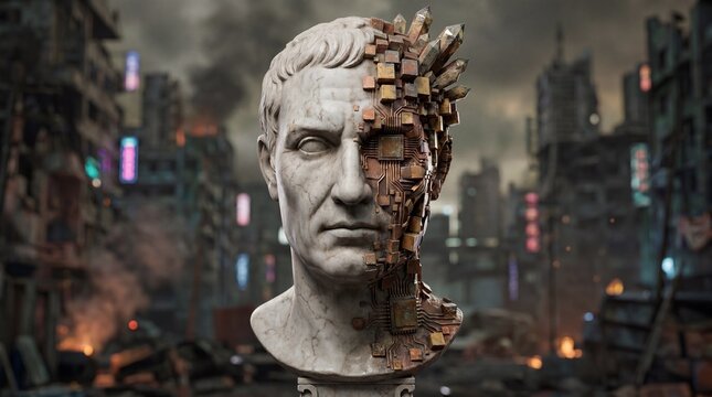 Glitch Effect Roman Bust in Post-Apocalyptic City &ndash; Fall of Civilization and Digital Decay.
A thought-provoking cinematic image of a classical marble bust (resembling Julius Caesar) crumbling into dig