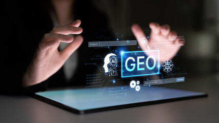 Naklejka premium Digital marketing concept featuring GEO strategy. Generative AI search visual shows GEO interface integrating intelligence, logic, and AI input system for prompt tasks. Corpus
