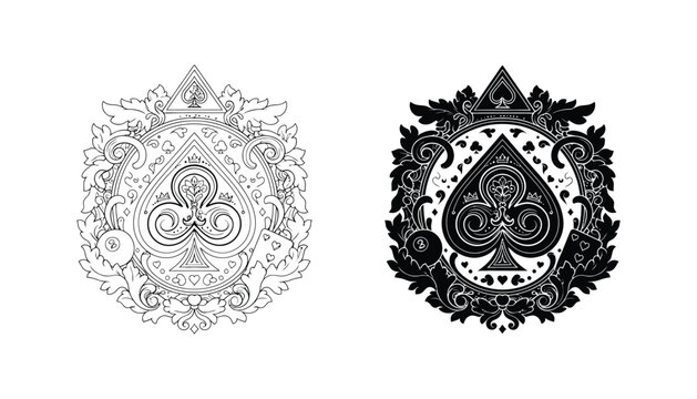 Intricate ace of clubs playing card emblem with decorative floral flourishes and crown motifs in detailed black and white line art and solid silhouette style for gambling or casino graphics