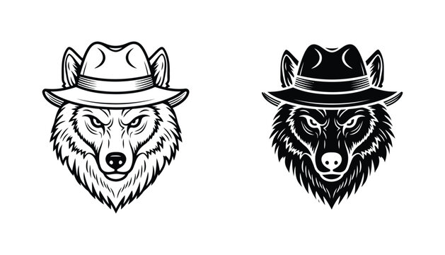 Wolf head wearing fedora hat illustration in black and white line art and solid silhouette style for professional logo design or creative mascot branding projects