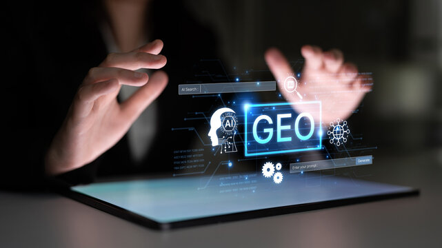 Digital marketing concept featuring GEO strategy. Generative AI search visual shows GEO interface integrating intelligence, logic, and AI input system for prompt tasks. Corpus