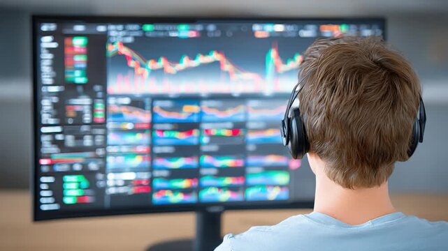 Trader Watching Stock Market Graph: A focused young trader, wearing headphones, intently observes a complex stock market graph displayed on a large computer monitor.