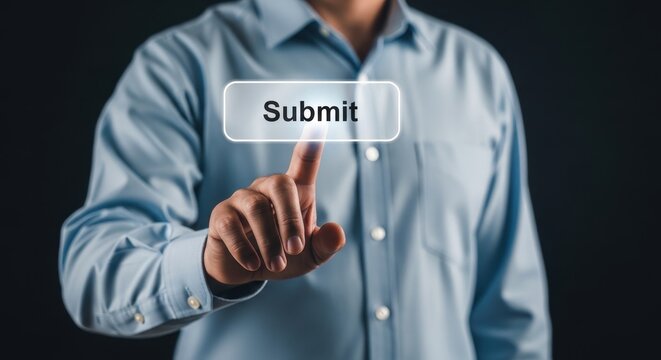 Person wearing a blue shirt pressing a virtual submit button on a dark background interface