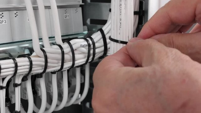 Installation of a plastic nylon tie on electrical insulated mounting wires. 
