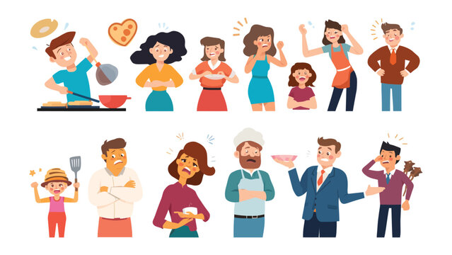 Culinary Characters: A collection of stylized characters, each embodying a different emotional response related to food preparation and dining, creating a diverse representation of human experience.