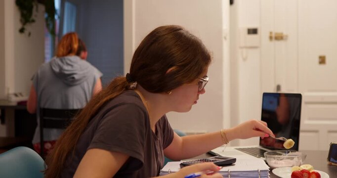 Student Concentrating: Focused student sits at a desk, with computer, studying and enjoying a snack with a friend. Captured scene of productivity.