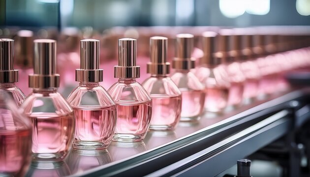 pink perfume bottles moving on automated conveyor belt in cosmetic factory