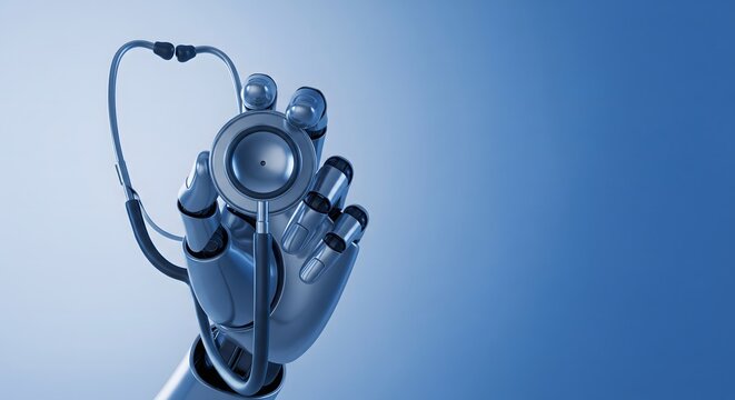 Robotic hand holding a medical stethoscope against a blue background representing artificial intelligence in healthcare.