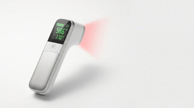Modern Non-Contact Infrared Thermometer with Digital Display. For health, medical, and pandemic prevention themes. Isolated on a clean white background with ample copy space.