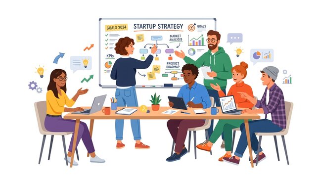 Diverse team collaborating on a startup strategy with a whiteboard presentation