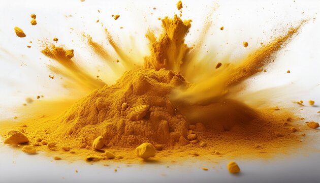 golden turmeric powder explosion white background or white background