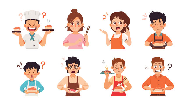 Culinary Conundrum: A collection of illustrations depicting diverse individuals, each experiencing a moment of confusion or uncertainty in a culinary setting, symbolizing challenges and complexities.