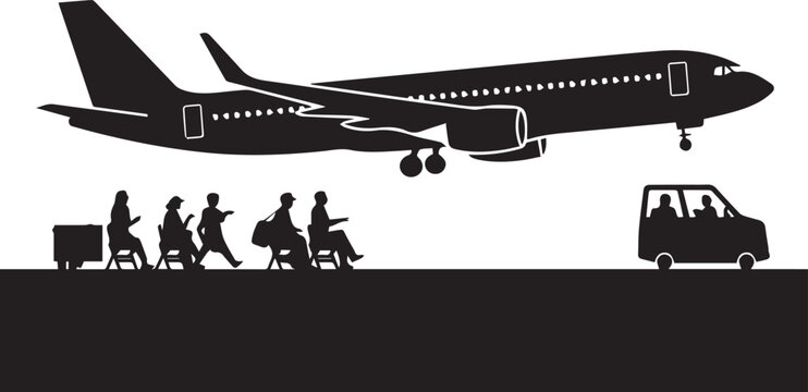 Minimalist vector illustration of a commercial airplane descending for landing at an airport with silhouette figures walking and a small service van