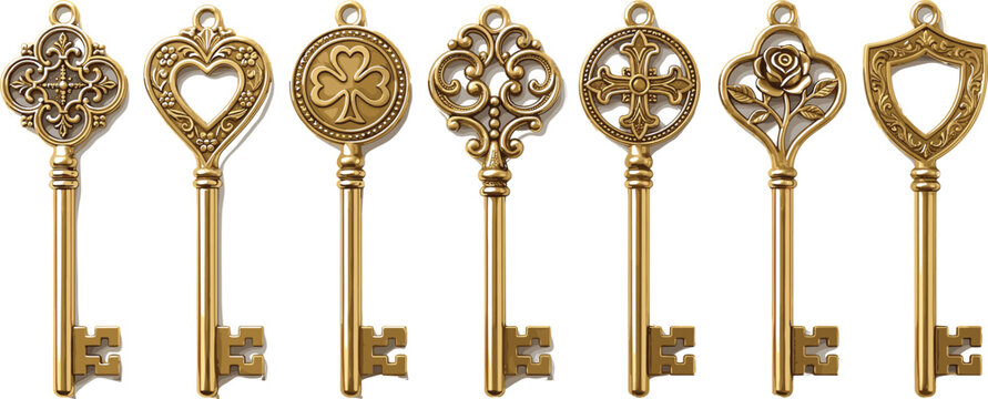Vintage Gold Skeleton Key Icon Set with Ornate Heart, Clover, Cross, and Shield Designs for Antique Branding, Mystery Themes, and Creative Web Graphics