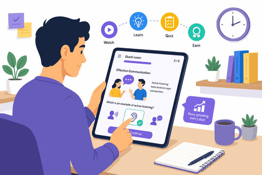 Employee participating in interactive microlearning module on tablet during work shift, workplace learning and skill development concept, flat illustration