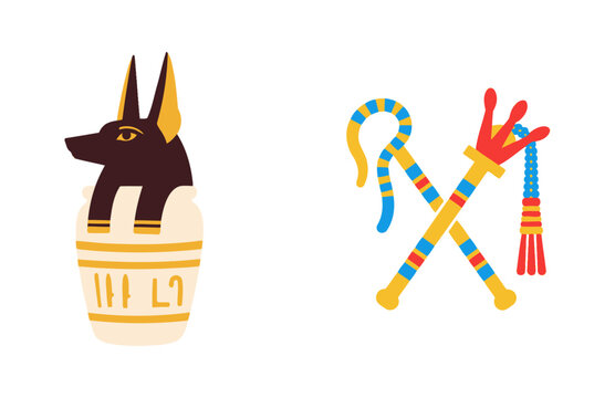 Vector illustration of Egyptian symbols, including Anubis and pharaohs staff