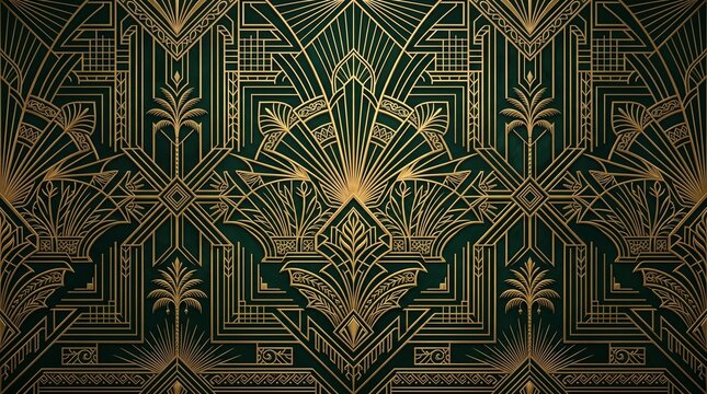 Luxurious Art Deco seamless pattern with golden palm trees and tropical fan motifs on elegant dark emerald green background, vintage 1920s architectural decorative backdrop