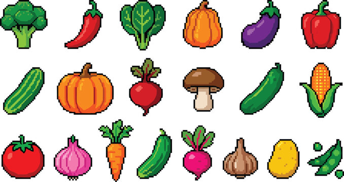 Pixel Art Vegetables Vector Icon Set with Tomato, Carrot, Corn, Broccoli, and Pumpkin for Video Game Assets, UI Design, and Healthy Food Apps