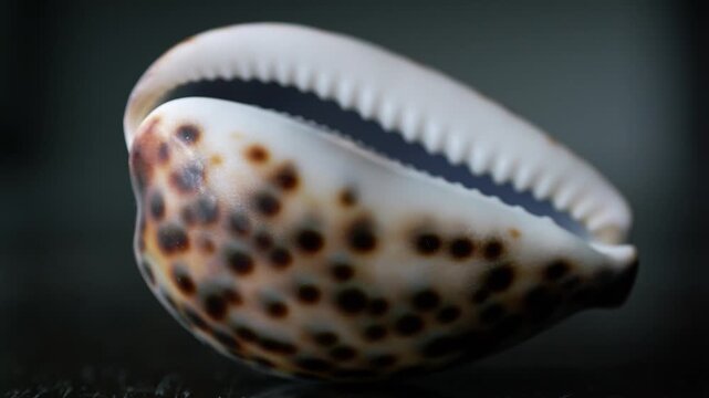 Large sea mollusk shell tiger cowrie on a table close up
