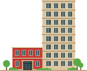 Modern Residential and Commercial Building Vector Illustration with High Rise Apartment, Red Office Complex, and Green Trees for Real Estate and City Architecture © Shukimon
