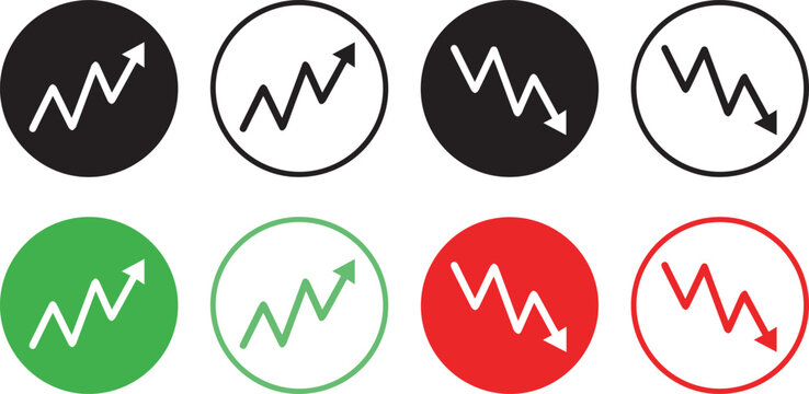 Eight oval icons depicting trend lines with arrows in various colors Vector file