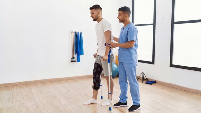 A man with a leg brace walks using crutches while being assisted by a physical therapist in a clinic. Injury recovery, medical assistance, orthopedic support, rehabilitation process.