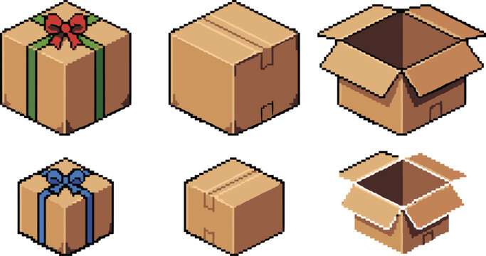 Pixel Art Cardboard Box Set with Open, Closed, and Gift Wrapped Packages with Ribbons for Video Games, Interface Assets, and Delivery Service Concepts