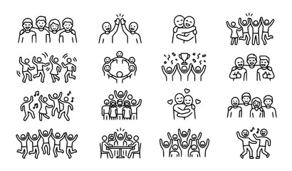Happy people line icons collection with group friends party and joy expression symbols in creative layout for modern design