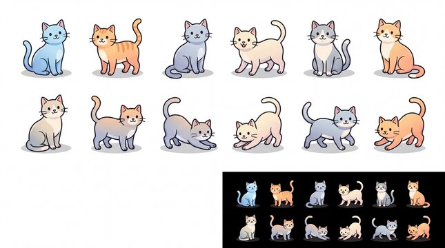 Cute cartoon cat character set featuring various poses like sitting, standing, stretching, and walking colorful kitten illustrations with different fur patterns and colors for design projects